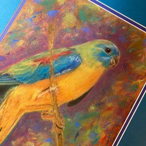 "Confetti" Parakeet Art Matted Tropical Pastel Handcrafted Painting